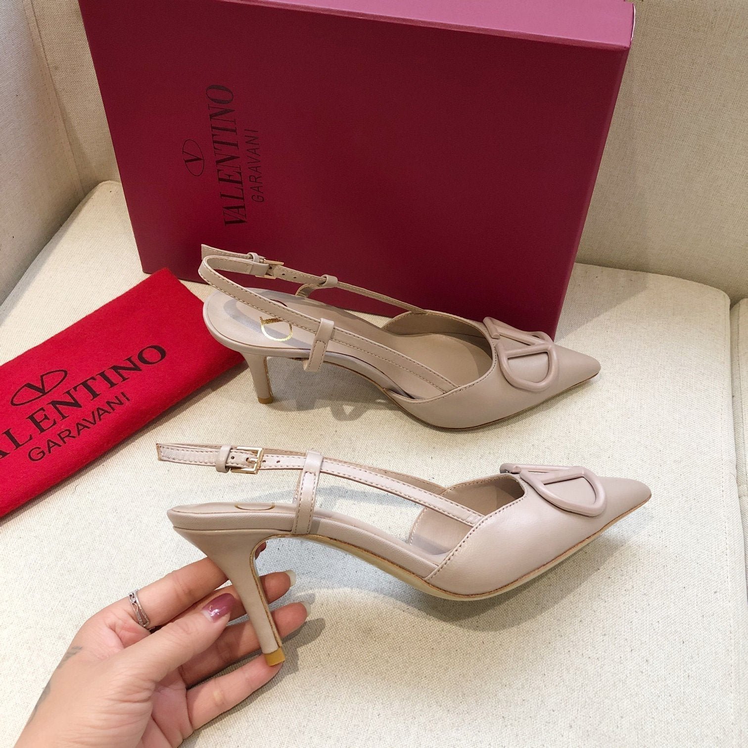 VLOGO SIGNATURE LIGHT PINK CALFSKIN HIGH SLINGBACK PUMP 7 CM - Image 5