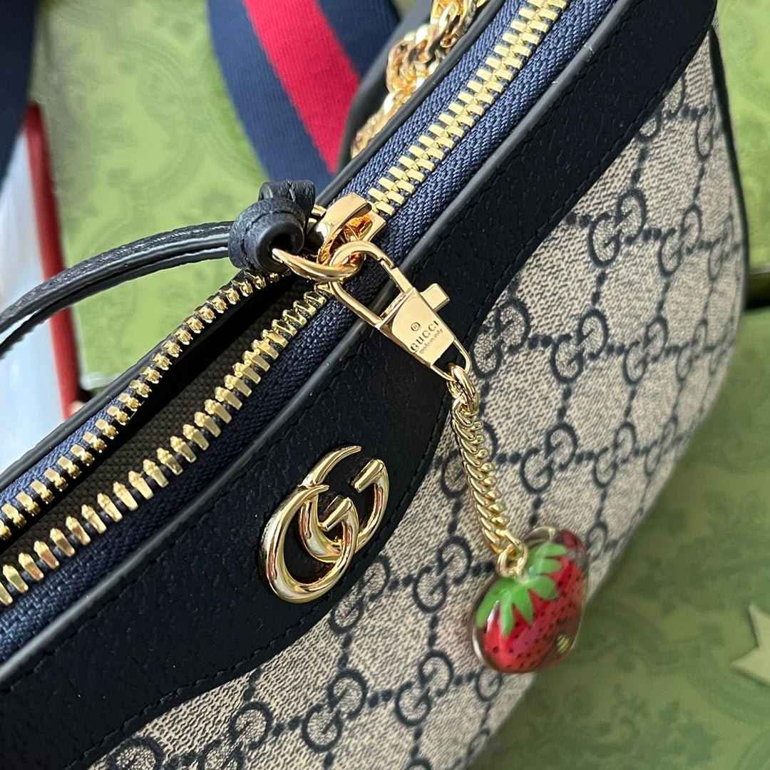 OPHIDIA SMALL SHOULDER BAG 25 IN BEIGE CANVAS AND BLACK LAMBSKIN GOLD HARDWARE - Image 2
