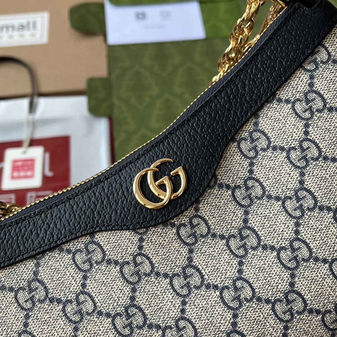 OPHIDIA SMALL SHOULDER BAG 25 IN BEIGE CANVAS AND BLACK LAMBSKIN GOLD HARDWARE - Image 7