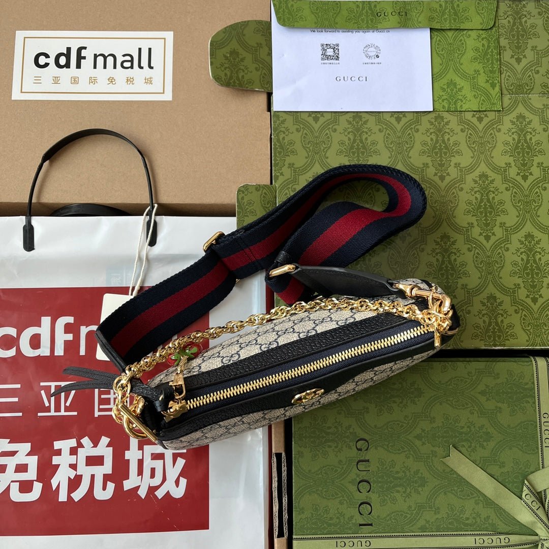 OPHIDIA SMALL SHOULDER BAG 25 IN BEIGE CANVAS AND BLACK LAMBSKIN GOLD HARDWARE - Image 9