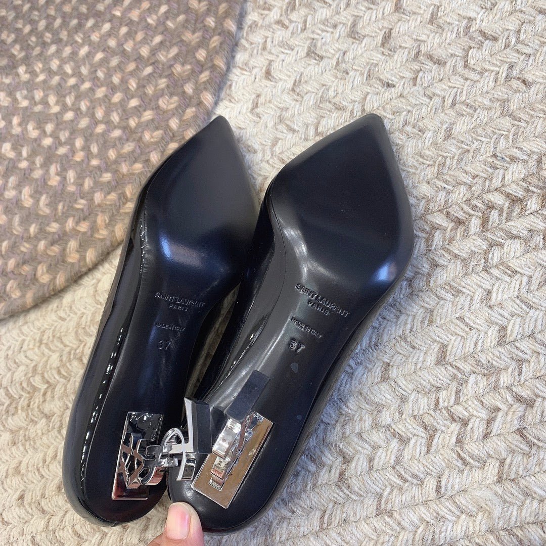 OPYUM SILVER HEEL PUMPS IN BLACK GLOSSY CALFSKIN - Image 2