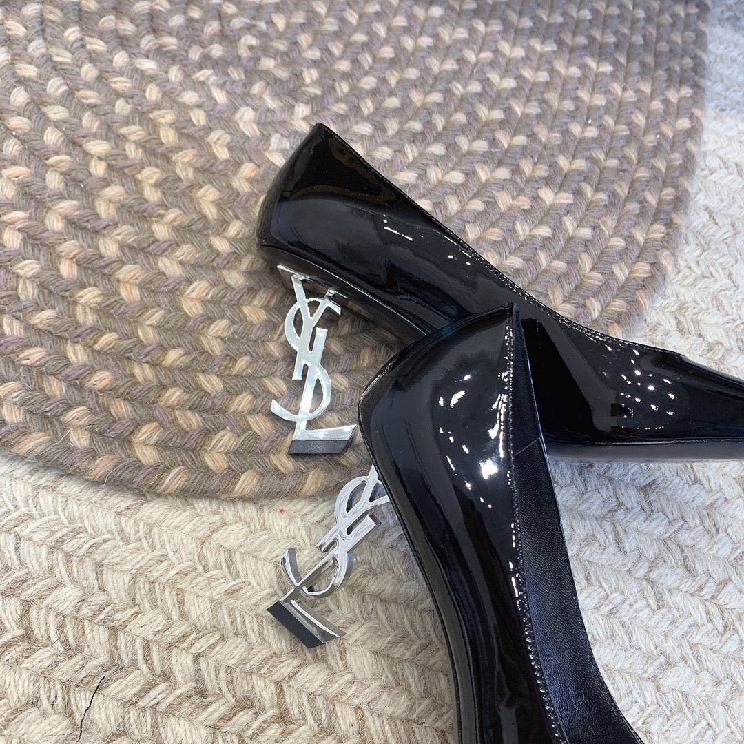 OPYUM SILVER HEEL PUMPS IN BLACK GLOSSY CALFSKIN - Image 4