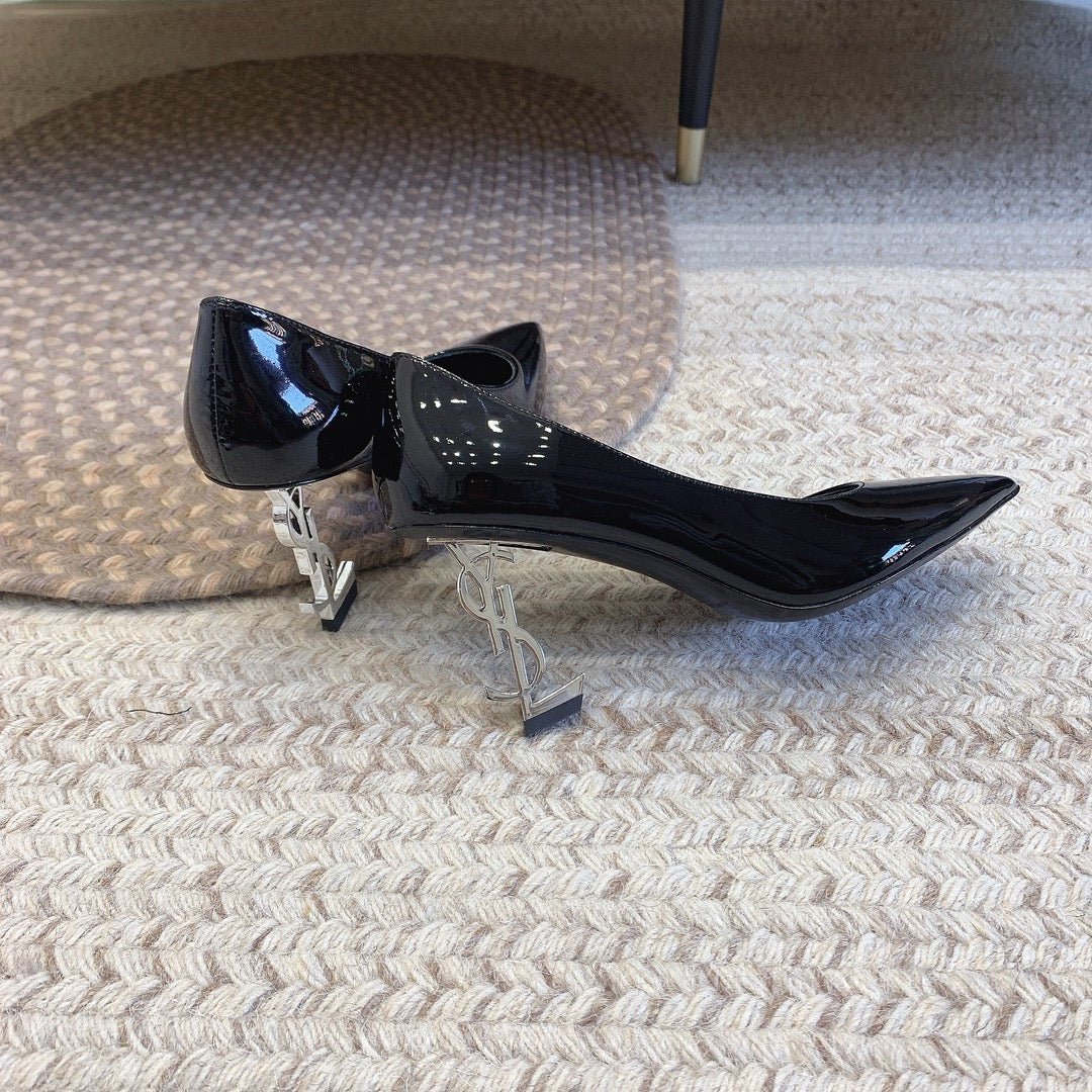 OPYUM SILVER HEEL PUMPS IN BLACK GLOSSY CALFSKIN - Image 7