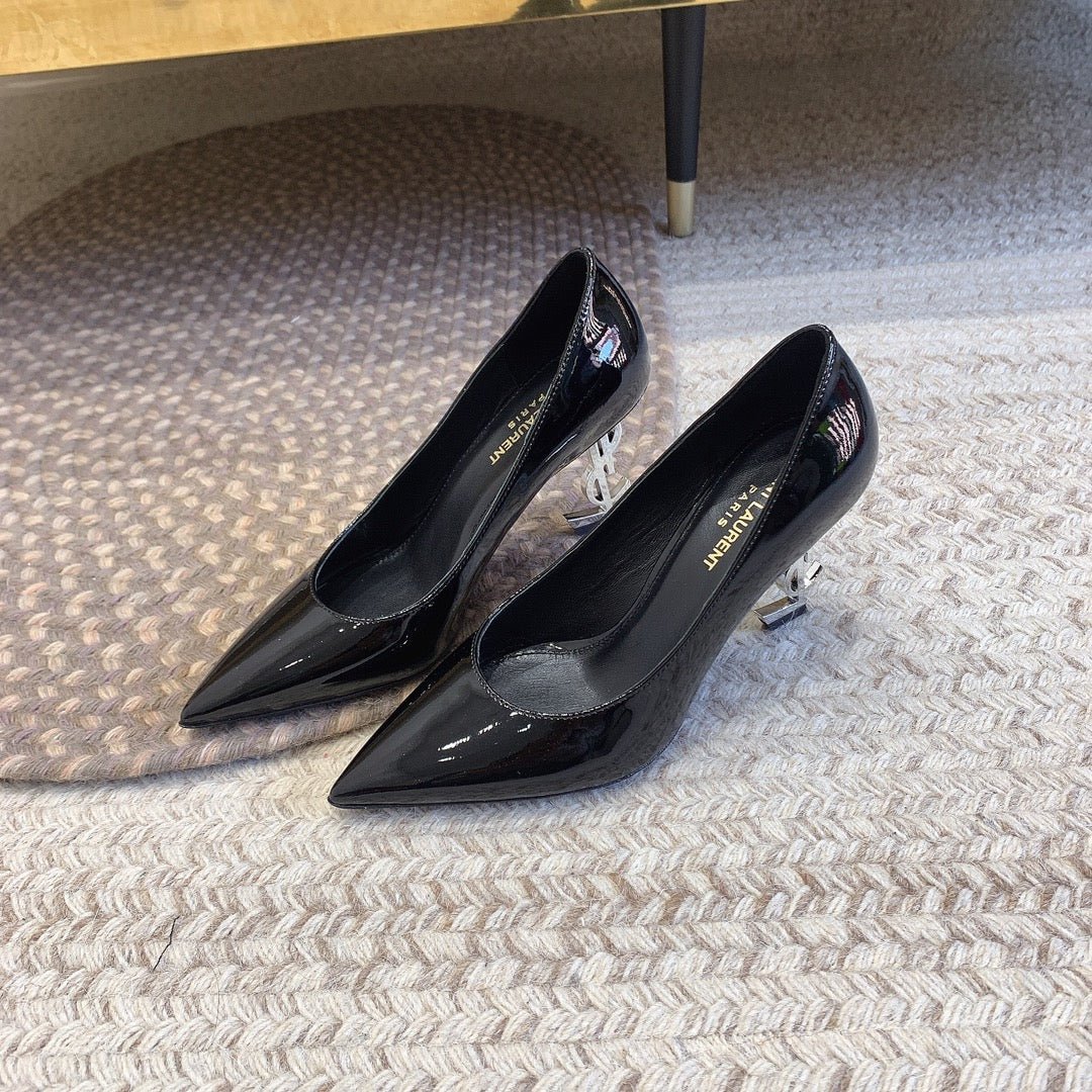 OPYUM SILVER HEEL PUMPS IN BLACK GLOSSY CALFSKIN - Image 8