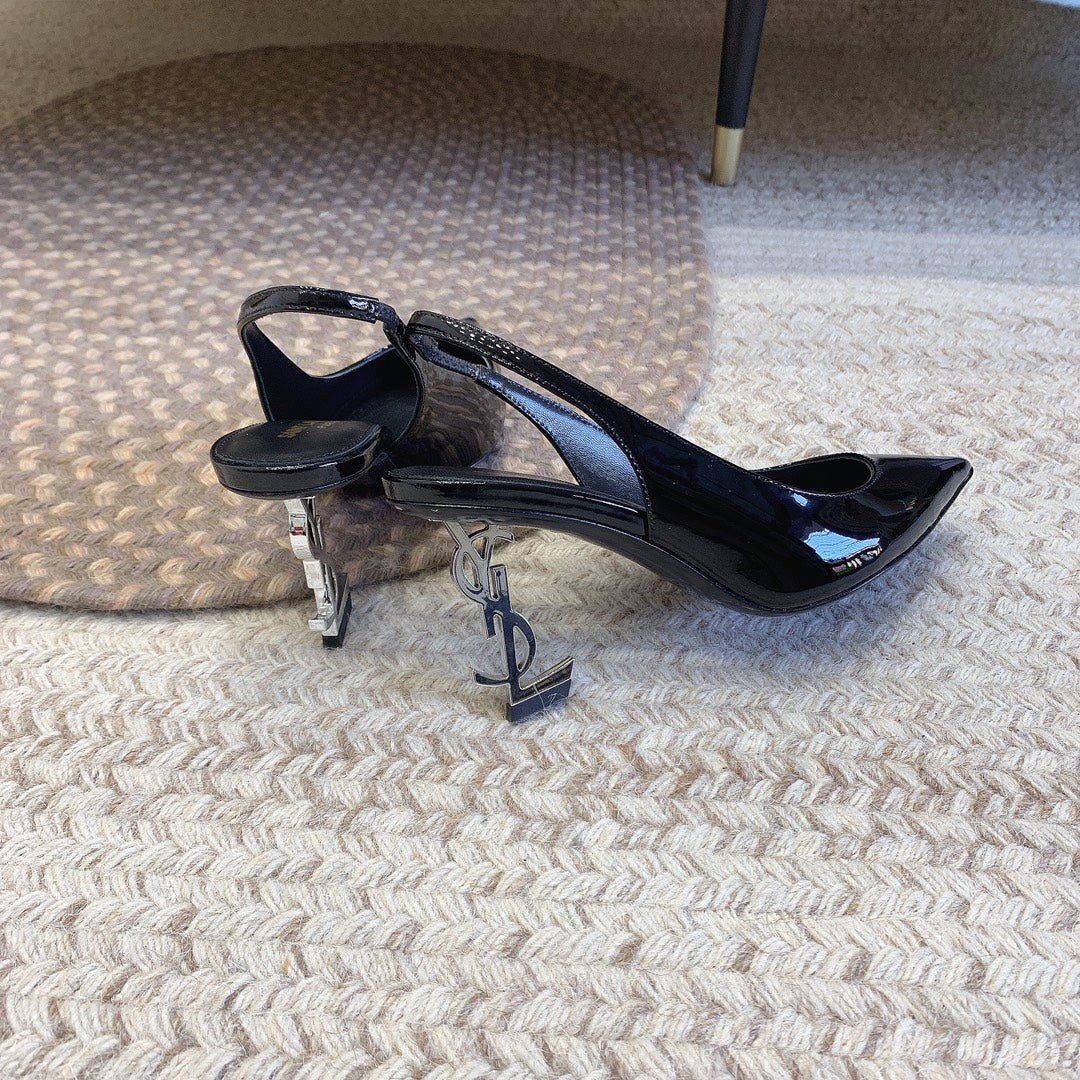 OPYUM SILVER HEEL SLINGBACK PUMPS IN BLACK GLOSSY CALFSKIN - Image 2