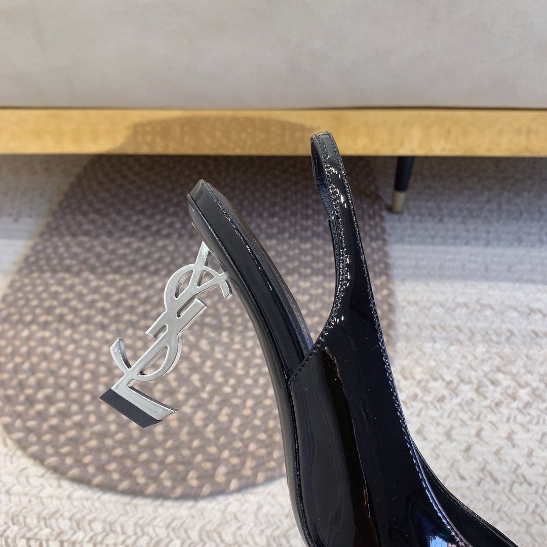 OPYUM SILVER HEEL SLINGBACK PUMPS IN BLACK GLOSSY CALFSKIN - Image 4