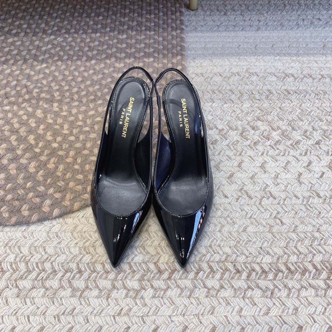 OPYUM SILVER HEEL SLINGBACK PUMPS IN BLACK GLOSSY CALFSKIN - Image 5