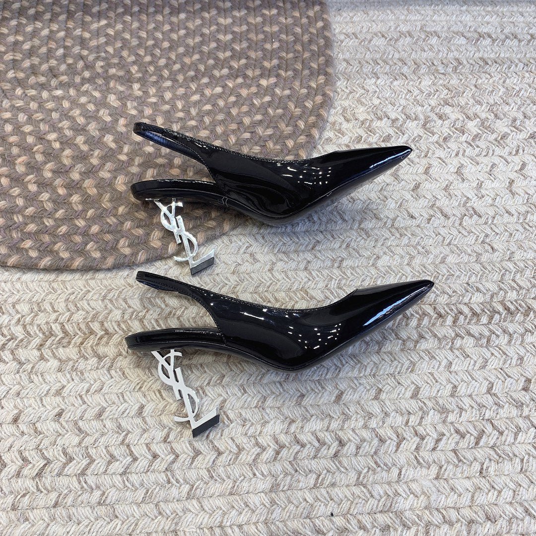 OPYUM SILVER HEEL SLINGBACK PUMPS IN BLACK GLOSSY CALFSKIN - Image 6