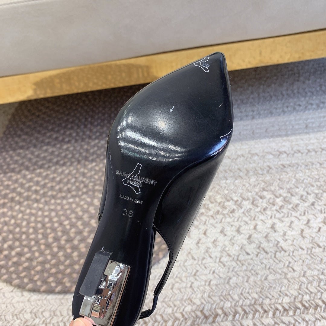 OPYUM SILVER HEEL SLINGBACK PUMPS IN BLACK GLOSSY CALFSKIN - Image 7
