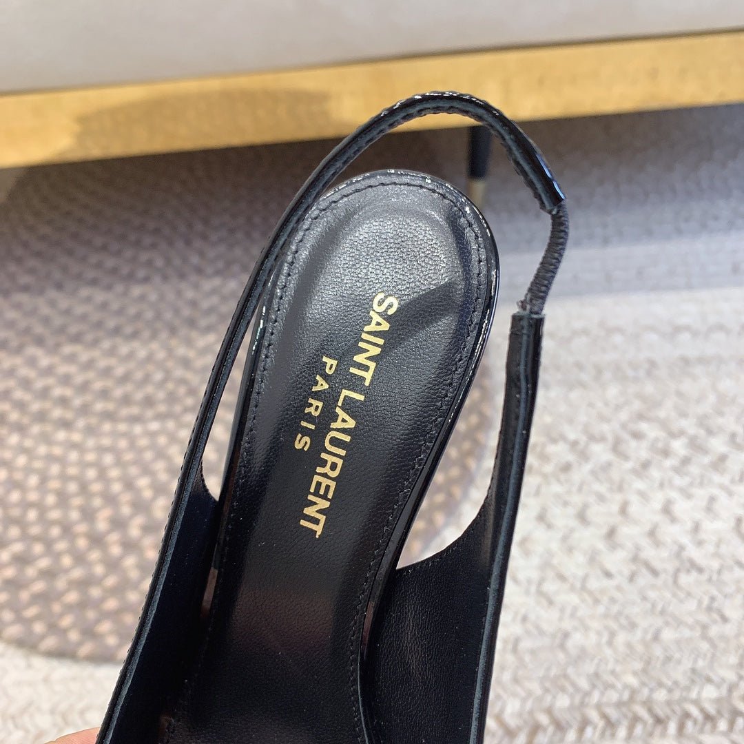 OPYUM SILVER HEEL SLINGBACK PUMPS IN BLACK GLOSSY CALFSKIN - Image 8