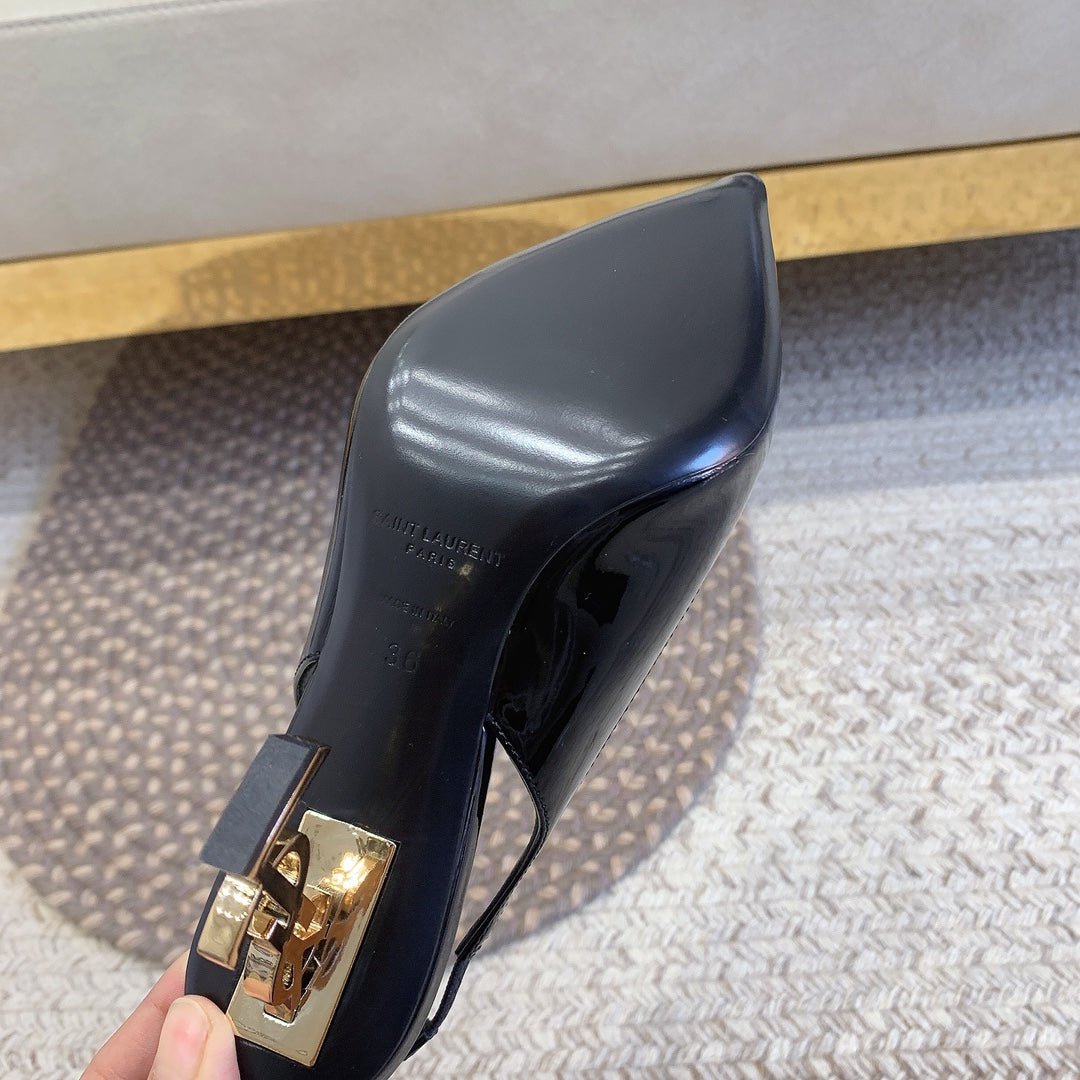 OPYUM GOLD HEEL SLINGBACK PUMPS IN BLACK GLOSSY CALFSKIN - Image 2
