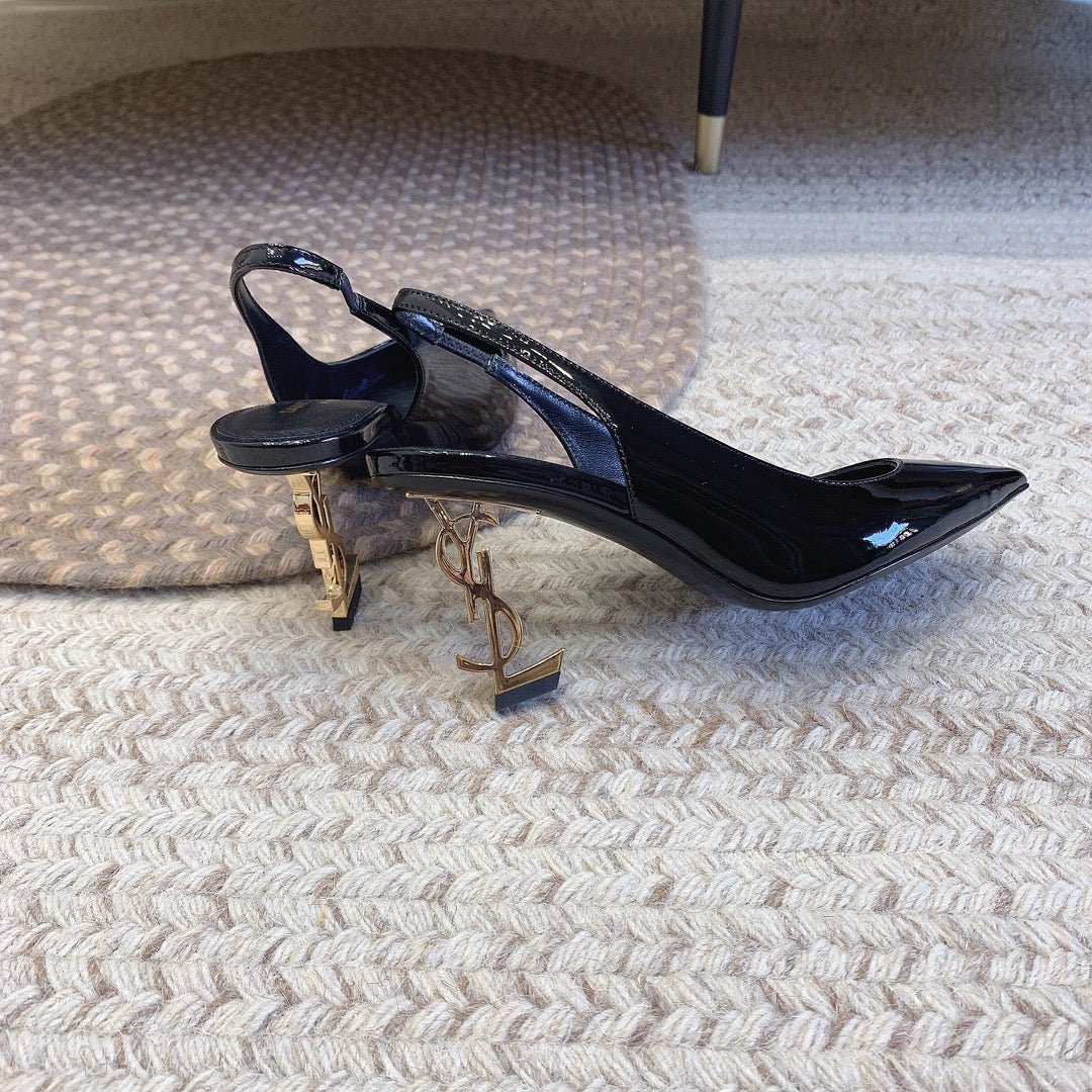 OPYUM GOLD HEEL SLINGBACK PUMPS IN BLACK GLOSSY CALFSKIN - Image 6