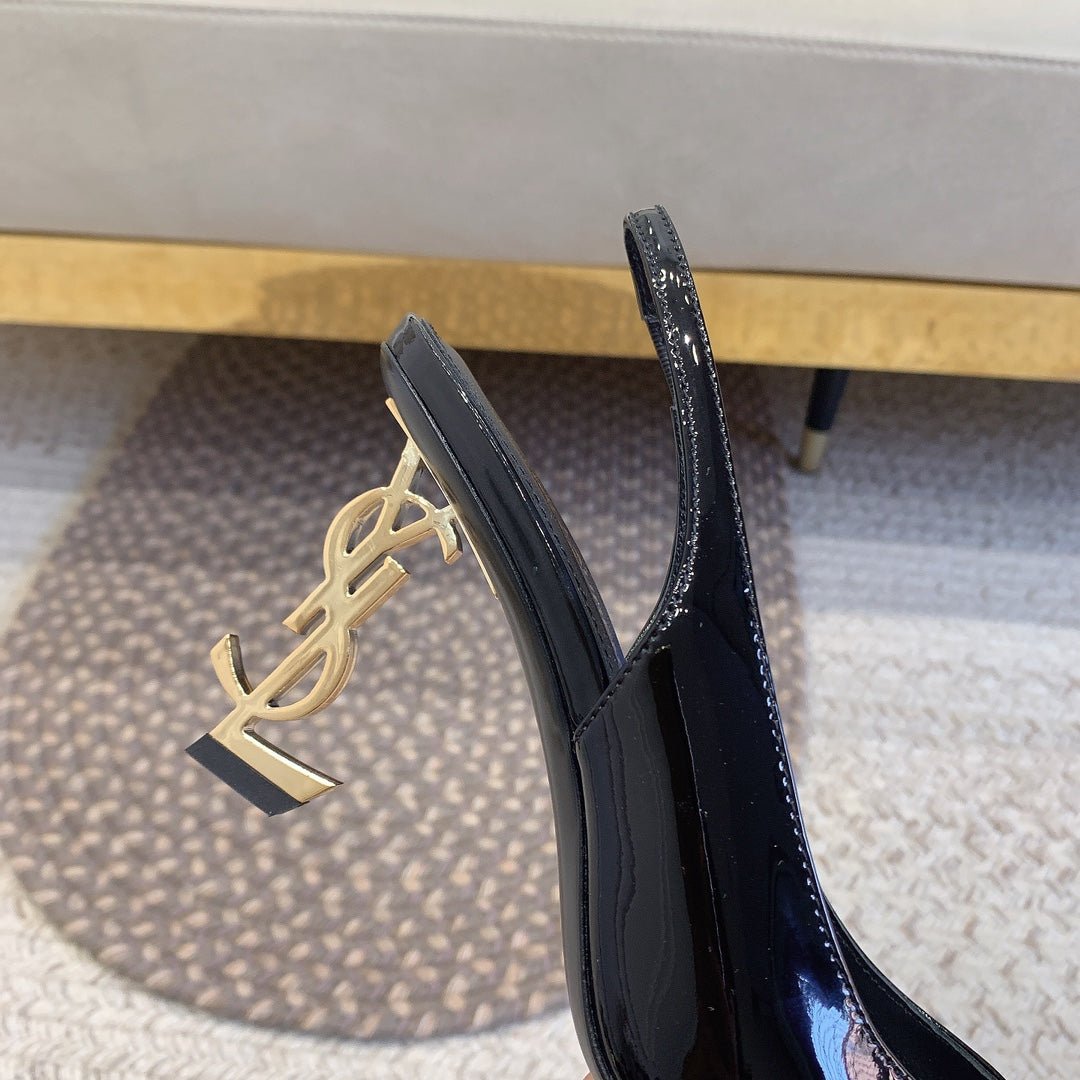 OPYUM GOLD HEEL SLINGBACK PUMPS IN BLACK GLOSSY CALFSKIN - Image 3