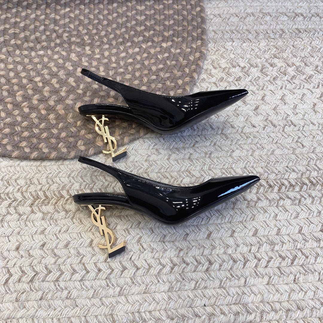 OPYUM GOLD HEEL SLINGBACK PUMPS IN BLACK GLOSSY CALFSKIN - Image 7