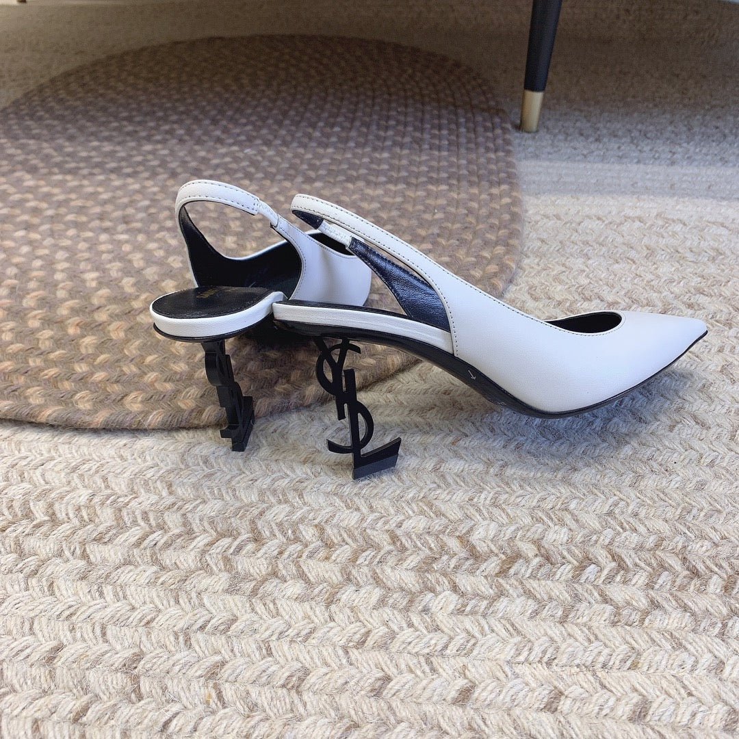 OPYUM BLACK HEEL SLINGBACK PUMPS IN WHITE SMOOTH LAMBSKIN - Image 2