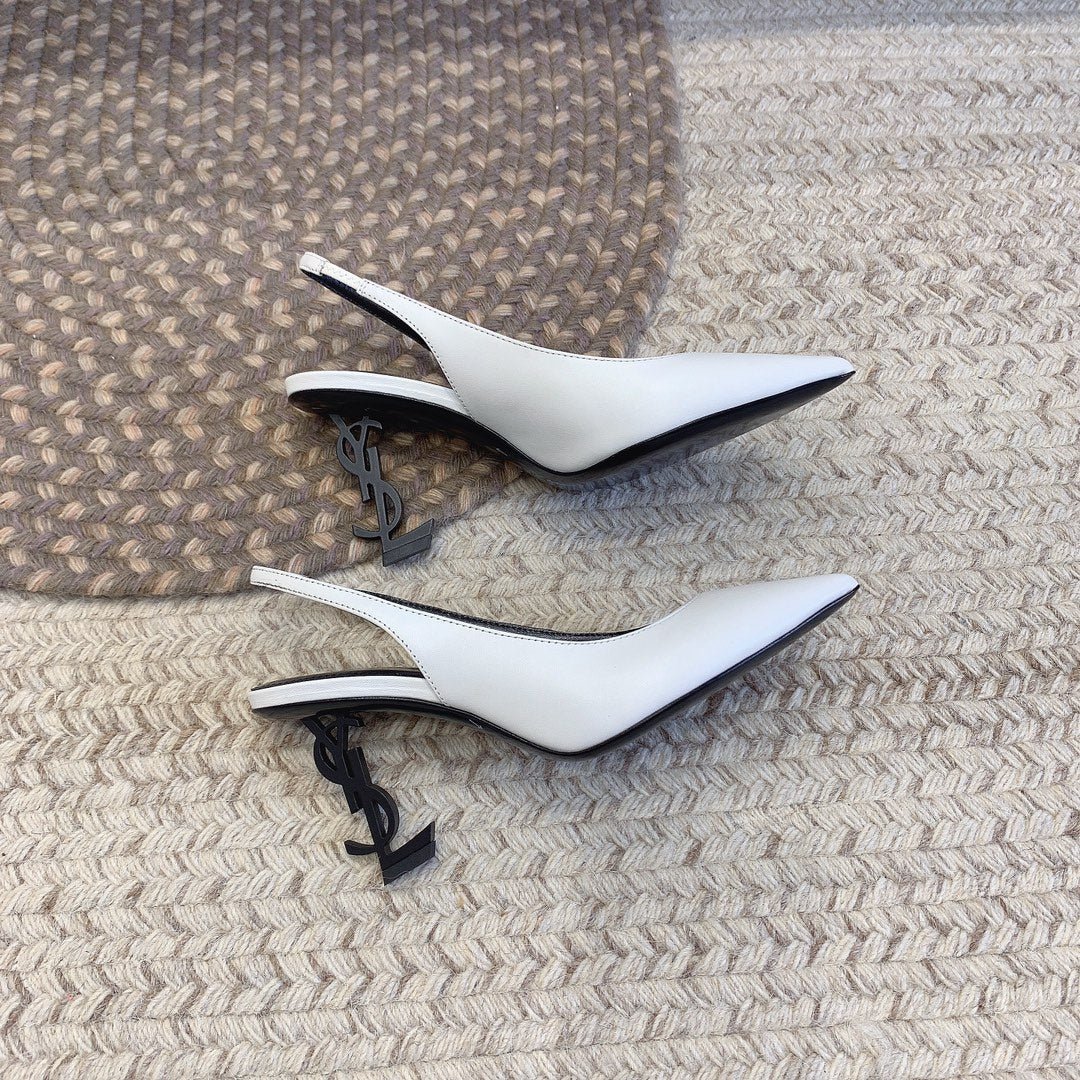 OPYUM BLACK HEEL SLINGBACK PUMPS IN WHITE SMOOTH LAMBSKIN - Image 6