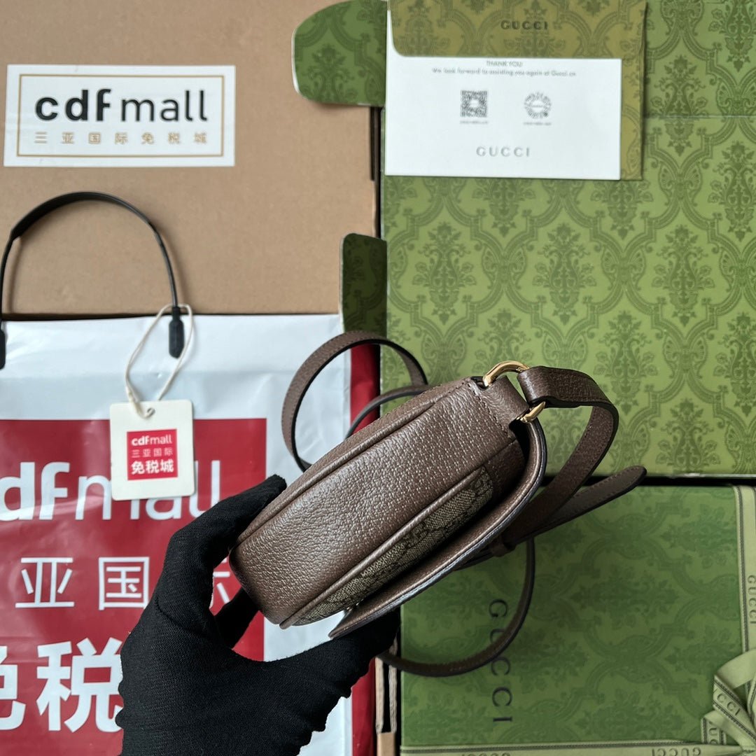 OPHIDIA MINI SHOULDER BAG 20 WITH WEB IN BEIGE EBONY CANVAS MIX BROWN CALFSKIN - Image 5