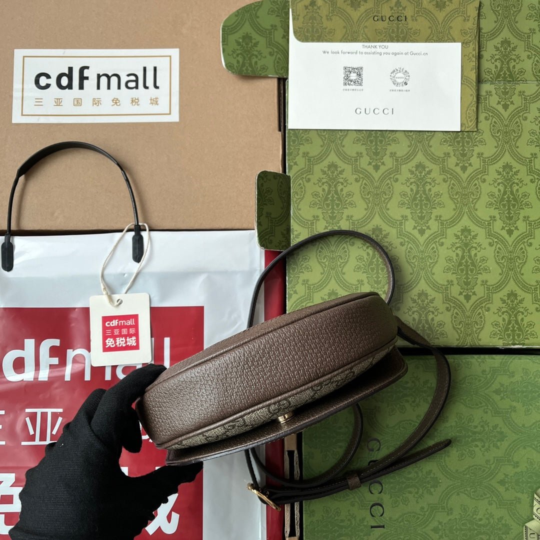 OPHIDIA MINI SHOULDER BAG 20 WITH WEB IN BEIGE EBONY CANVAS MIX BROWN CALFSKIN - Image 6
