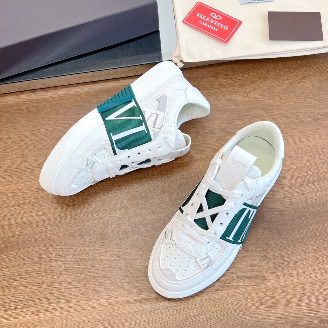VL7N LOW-TOP WHITE CALFSKIN AND PINE GREEN FABRIC SNEAKER WITH BANDS - Image 4