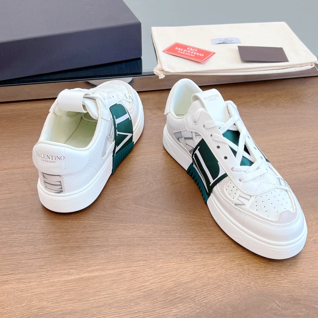 VL7N LOW-TOP WHITE CALFSKIN AND PINE GREEN FABRIC SNEAKER WITH BANDS - Image 6