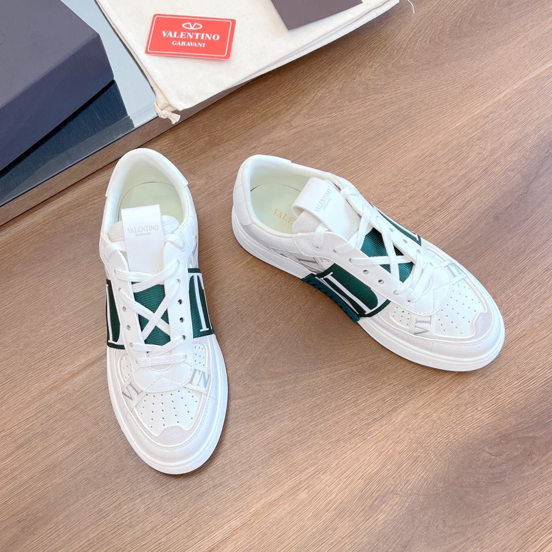 VL7N LOW-TOP WHITE CALFSKIN AND PINE GREEN FABRIC SNEAKER WITH BANDS - Image 3