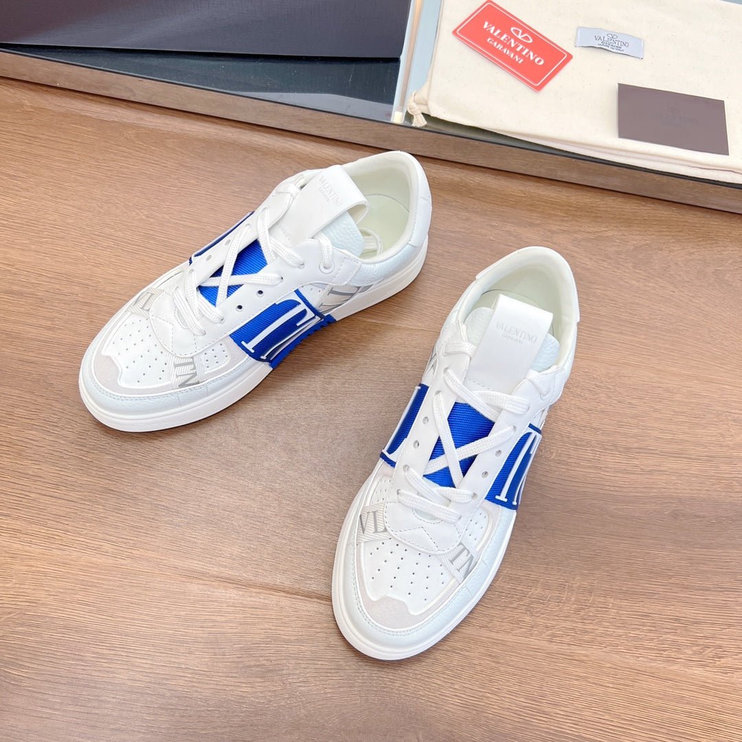 VL7N LOW-TOP WHITE CALFSKIN AND COBALT BLUE FABRIC SNEAKER WITH BANDS - Image 4