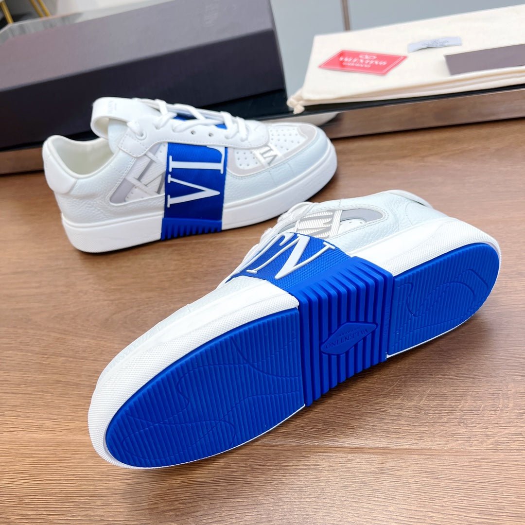 VL7N LOW-TOP WHITE CALFSKIN AND COBALT BLUE FABRIC SNEAKER WITH BANDS - Image 9