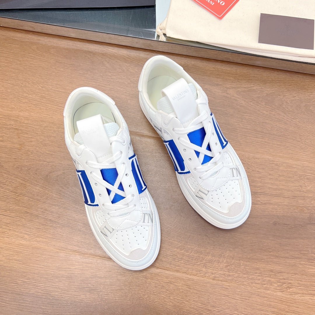 VL7N LOW-TOP WHITE CALFSKIN AND COBALT BLUE FABRIC SNEAKER WITH BANDS - Image 5