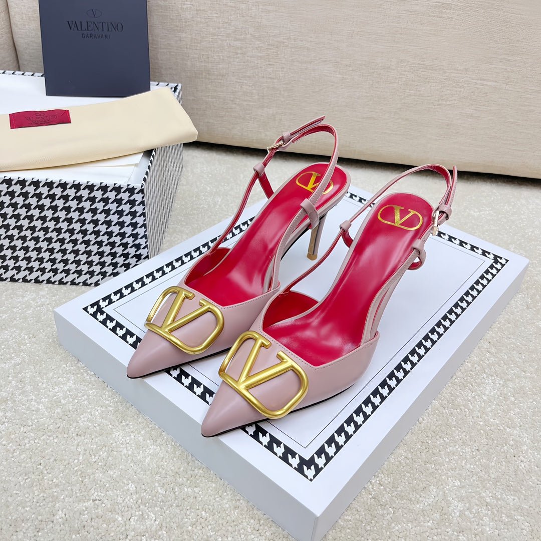 VLOGO SLINGBACK PUMP IN ROSE PINK CALFSKIN LEATHER WITH GOLD LOGO - Image 2