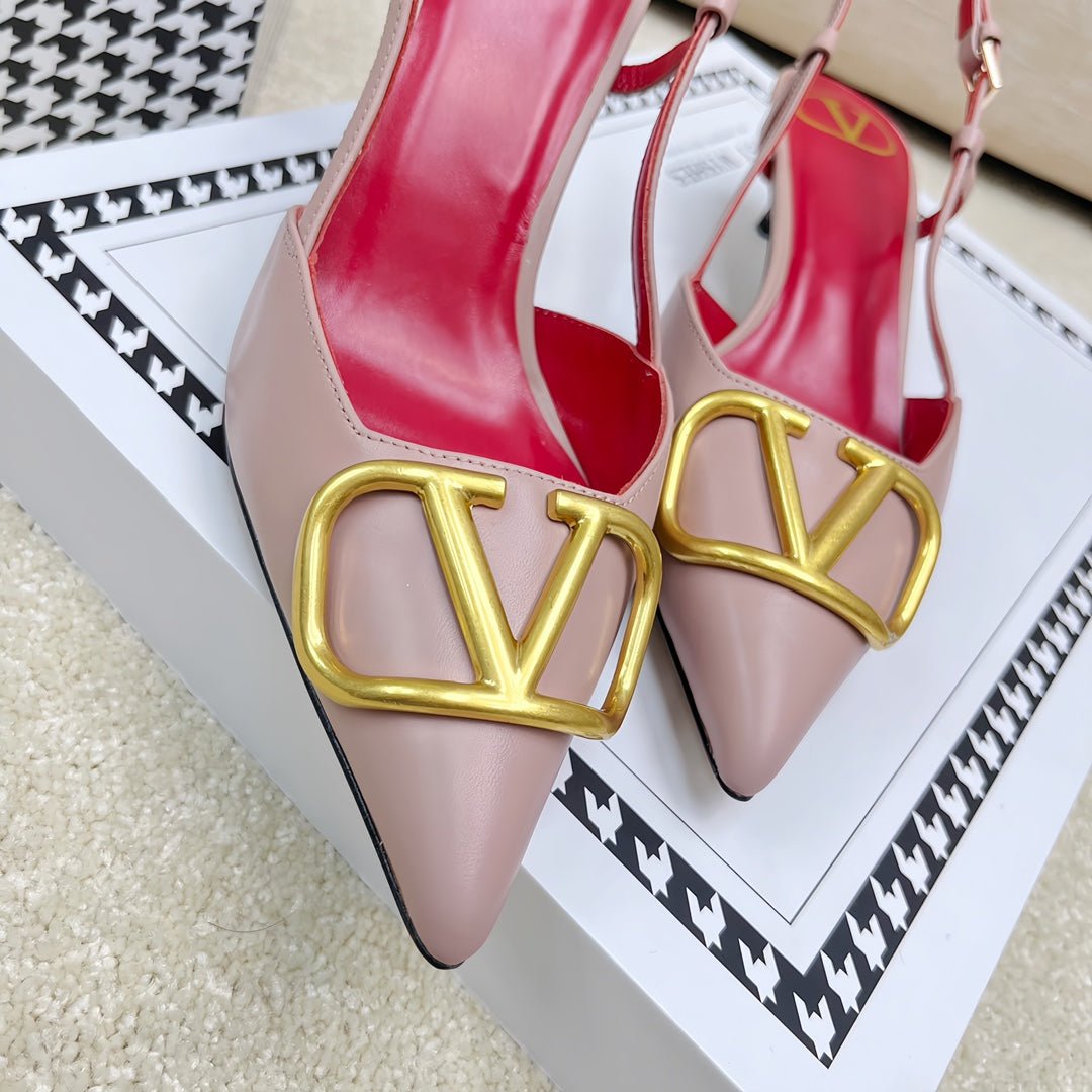 VLOGO SLINGBACK PUMP IN ROSE PINK CALFSKIN LEATHER WITH GOLD LOGO - Image 7