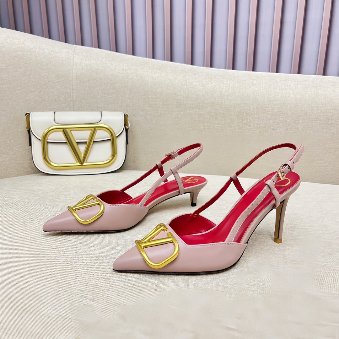 VLOGO SLINGBACK PUMP IN ROSE PINK CALFSKIN LEATHER WITH GOLD LOGO - Image 4