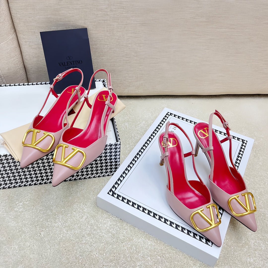 VLOGO SLINGBACK PUMP IN ROSE PINK CALFSKIN LEATHER WITH GOLD LOGO - Image 3