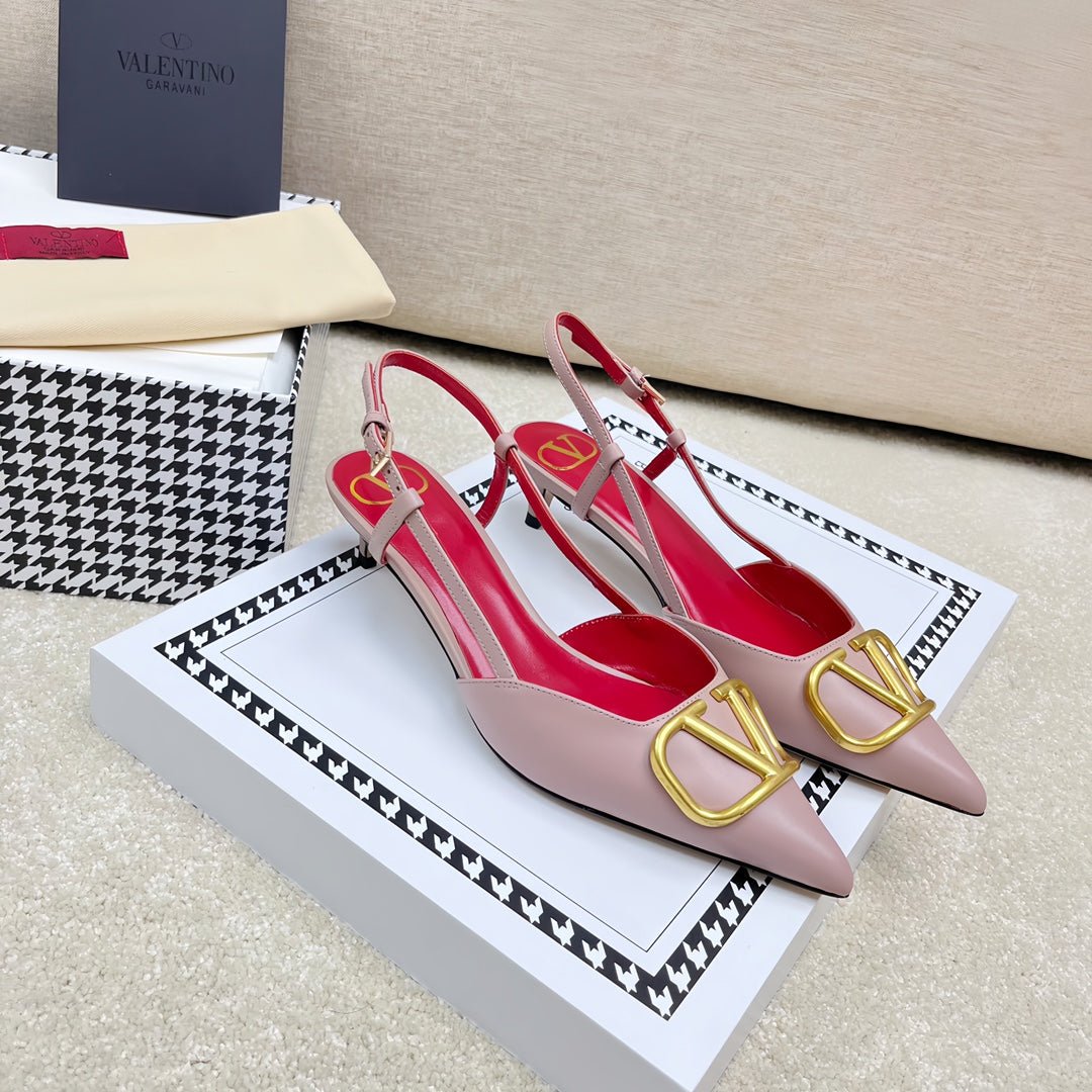 VLOGO SLINGBACK PUMP IN ROSE PINK CALFSKIN LEATHER WITH GOLD LOGO - Image 5