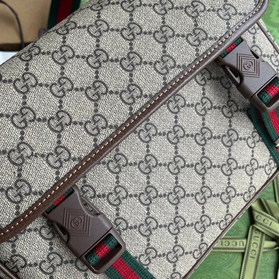 OPHIDIA MEDIUM MESSENGER BAG 27 IN BEIGE AND EBONY GG CALFSKIN GREEN RED WEB STRIPE CANVAS - Image 6