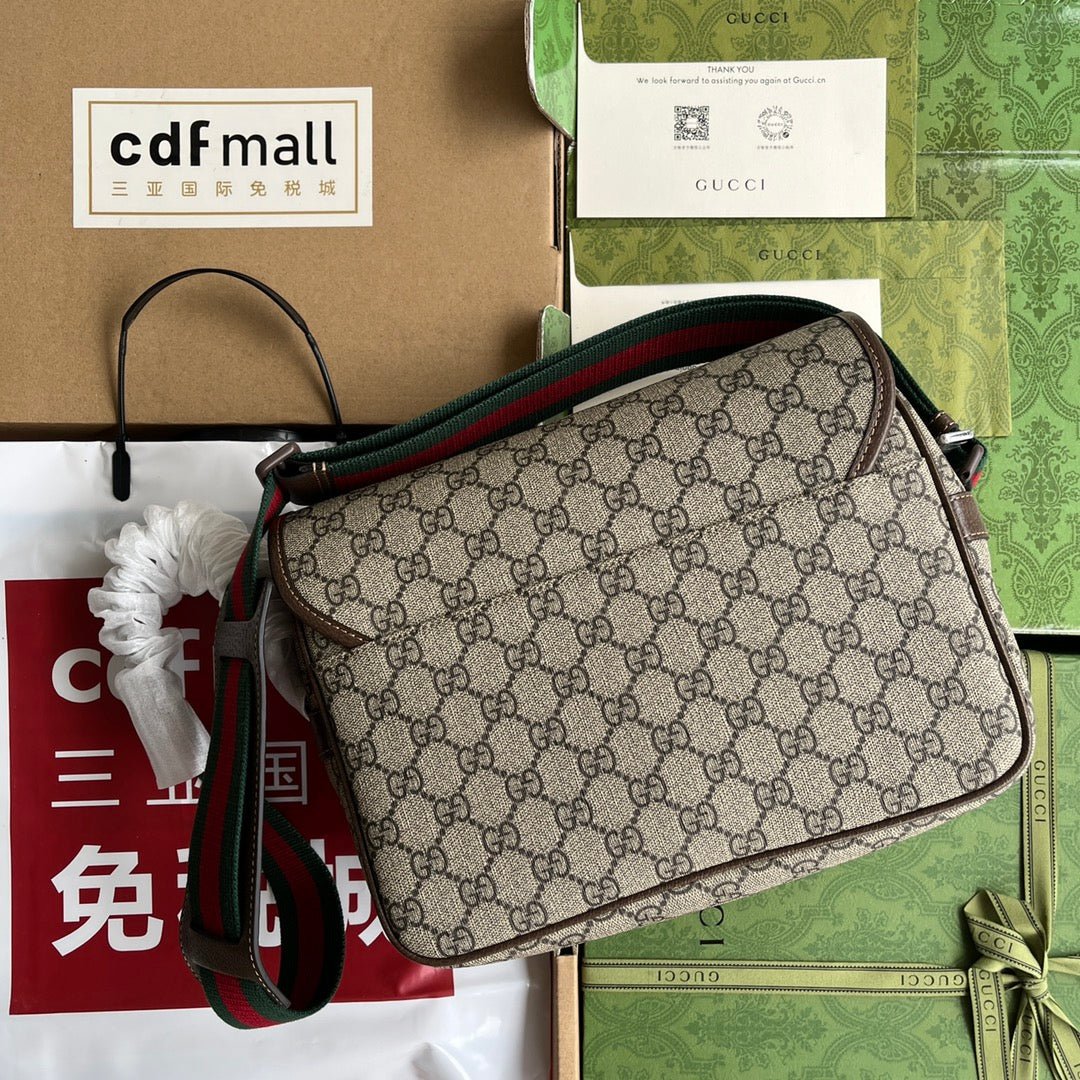 OPHIDIA MEDIUM MESSENGER BAG 27 IN BEIGE AND EBONY GG CALFSKIN GREEN RED WEB STRIPE CANVAS - Image 3