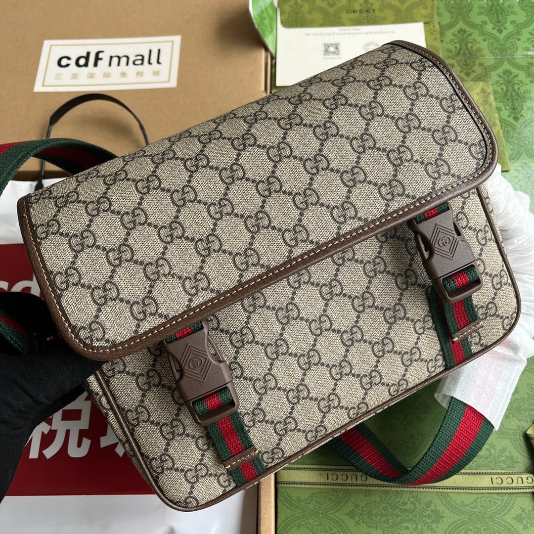 OPHIDIA MEDIUM MESSENGER BAG 27 IN BEIGE AND EBONY GG CALFSKIN GREEN RED WEB STRIPE CANVAS - Image 2
