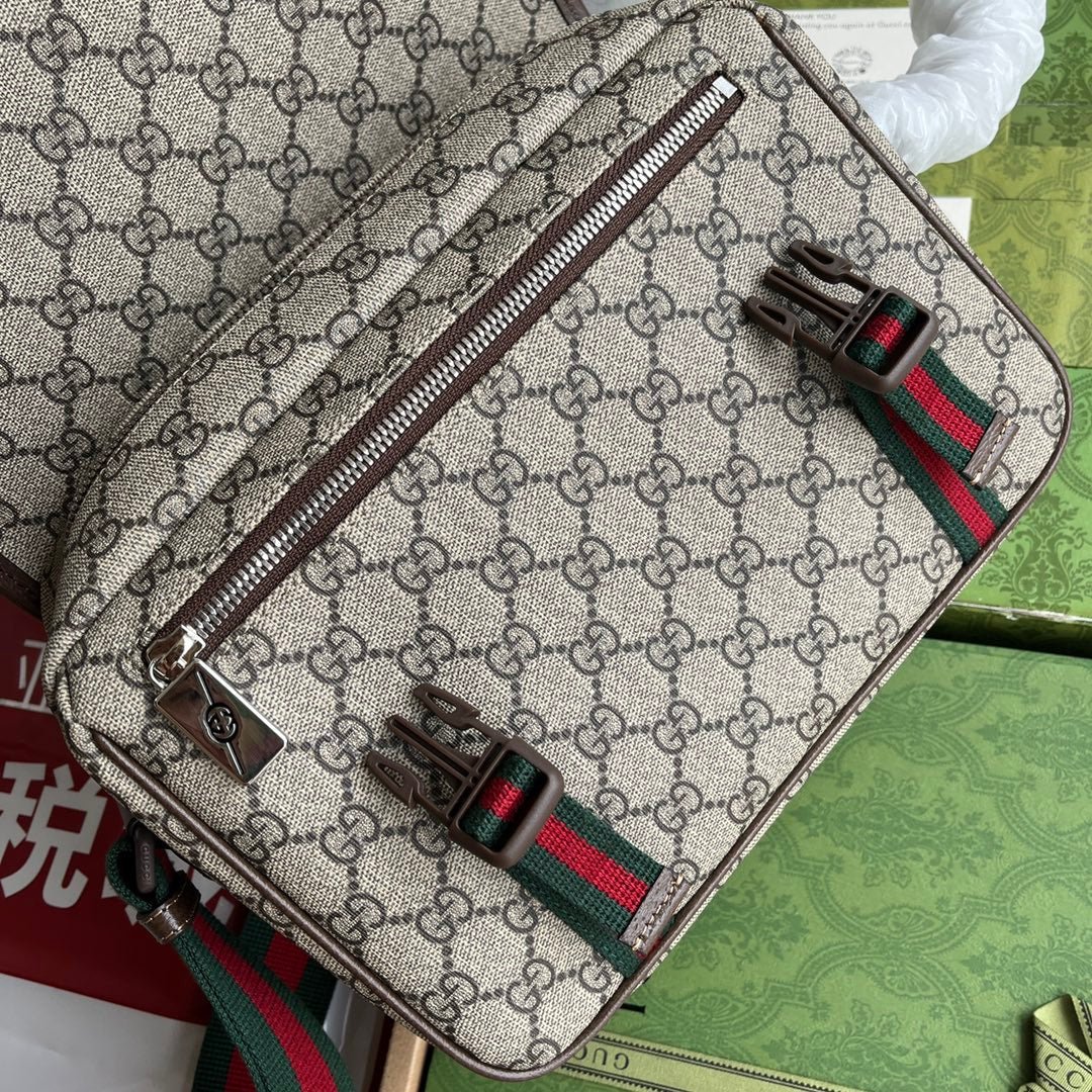 OPHIDIA MEDIUM MESSENGER BAG 27 IN BEIGE AND EBONY GG CALFSKIN GREEN RED WEB STRIPE CANVAS - Image 4