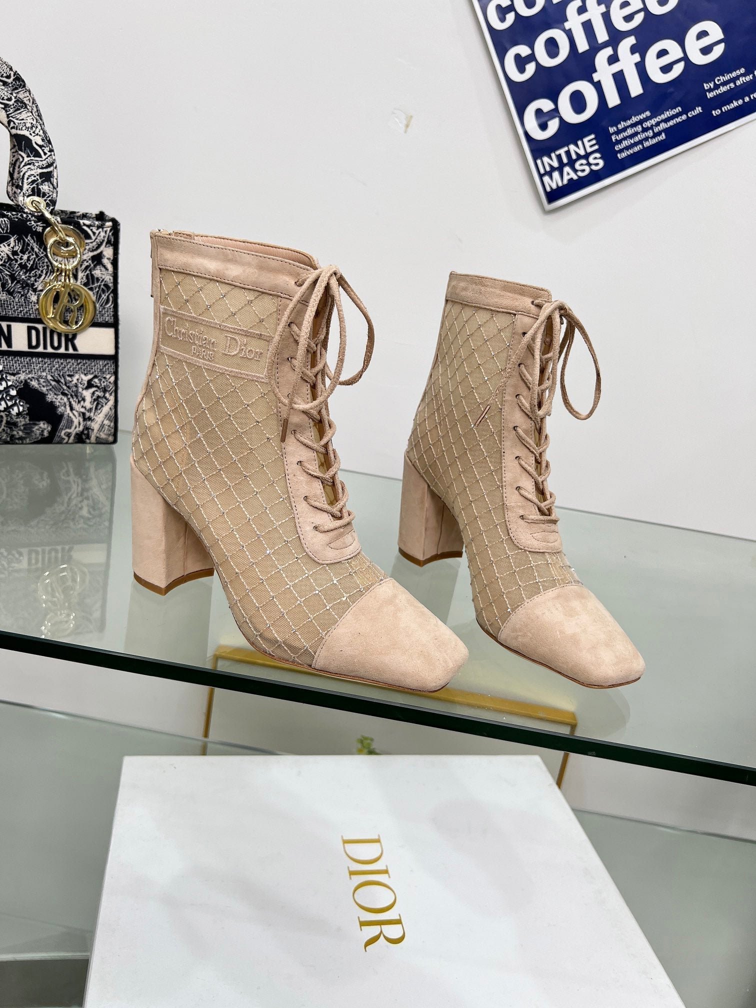 NAUGHTILY-D HEELED ANKLE BOOT IN BISQUE BEIGE EMBROIDERED MESH AND SUEDE 8 CM - Image 3