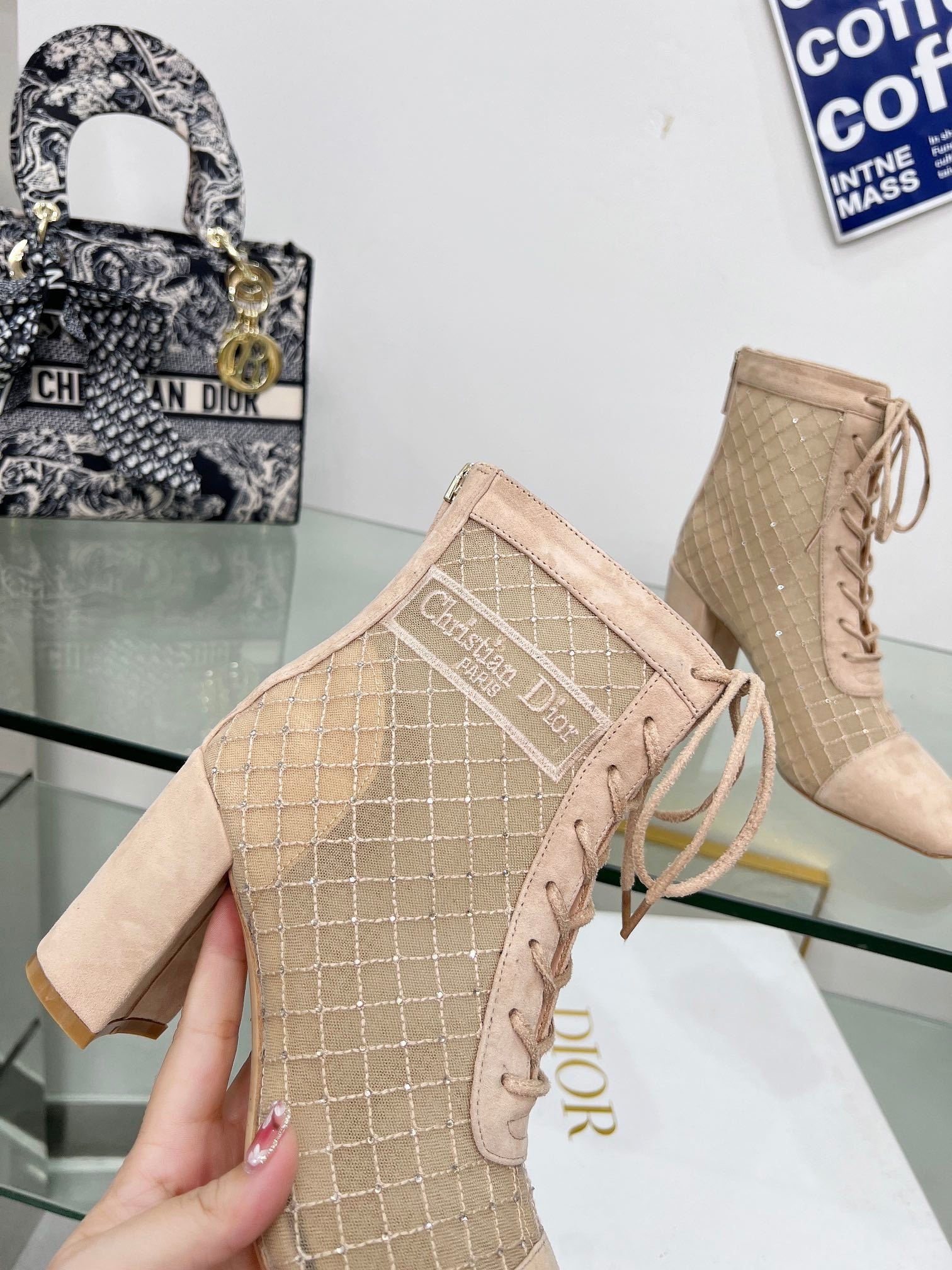 NAUGHTILY-D HEELED ANKLE BOOT IN BISQUE BEIGE EMBROIDERED MESH AND SUEDE 8 CM - Image 8