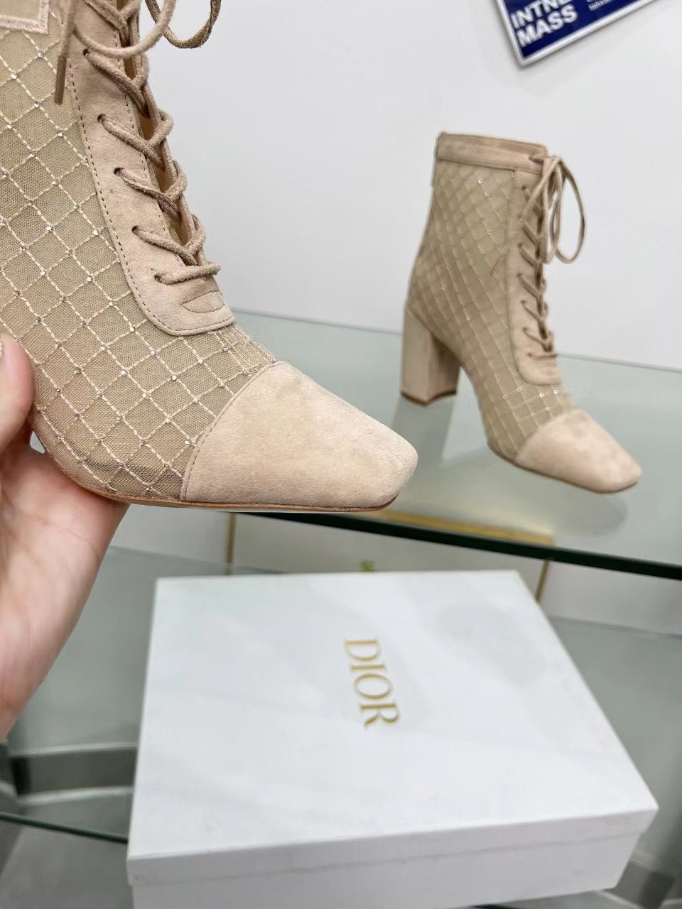 NAUGHTILY-D HEELED ANKLE BOOT IN BISQUE BEIGE EMBROIDERED MESH AND SUEDE 8 CM - Image 7