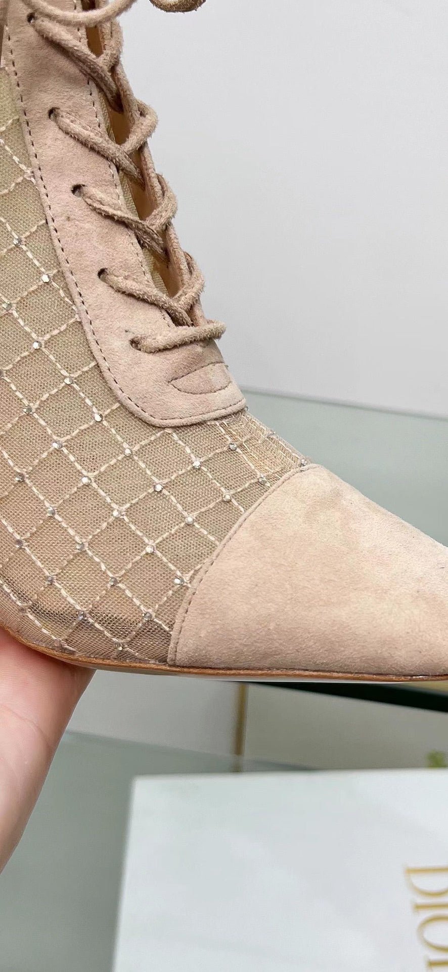 NAUGHTILY-D HEELED ANKLE BOOT IN BISQUE BEIGE EMBROIDERED MESH AND SUEDE 8 CM - Image 6