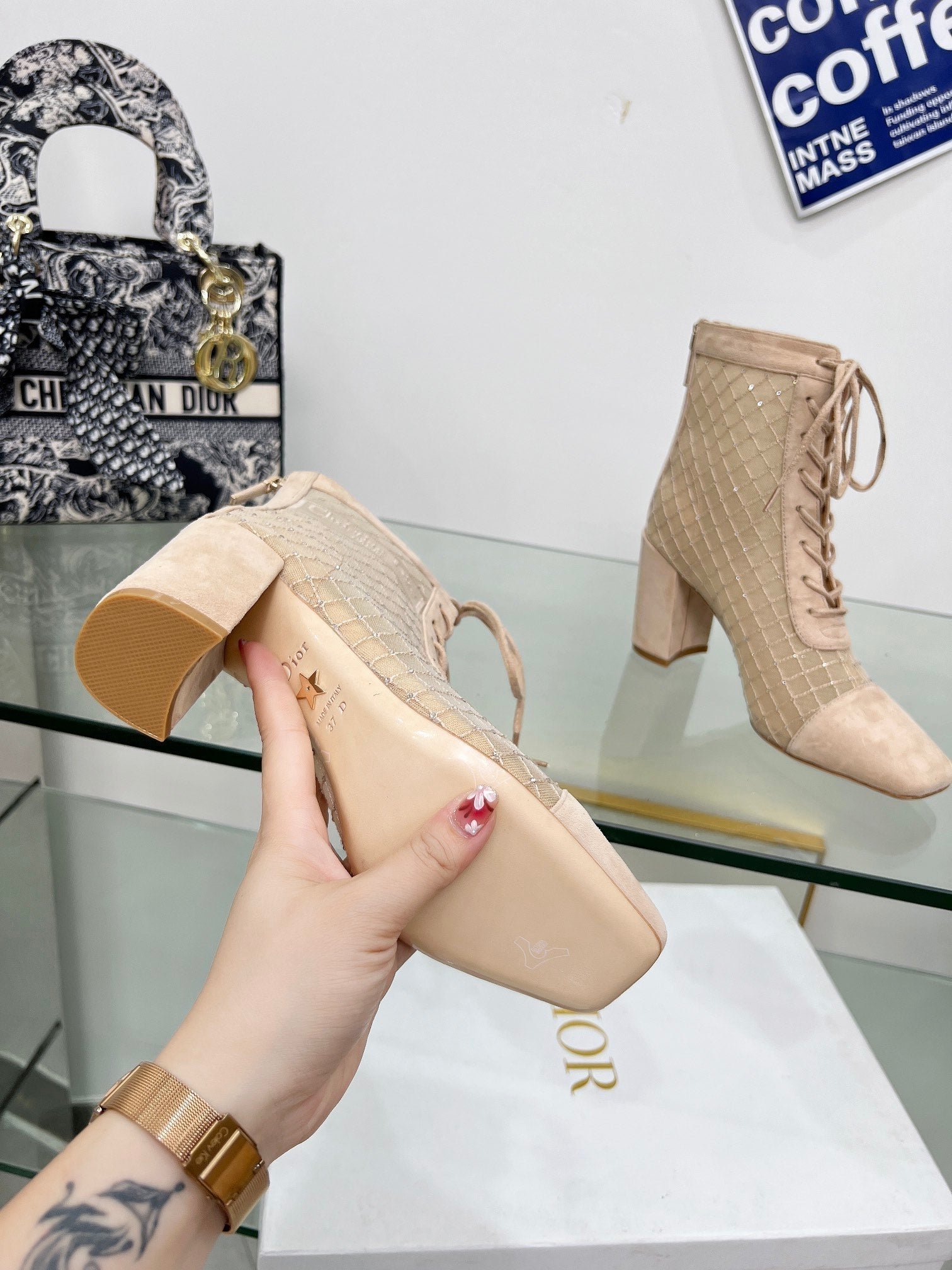 NAUGHTILY-D HEELED ANKLE BOOT IN BISQUE BEIGE EMBROIDERED MESH AND SUEDE 8 CM - Image 9