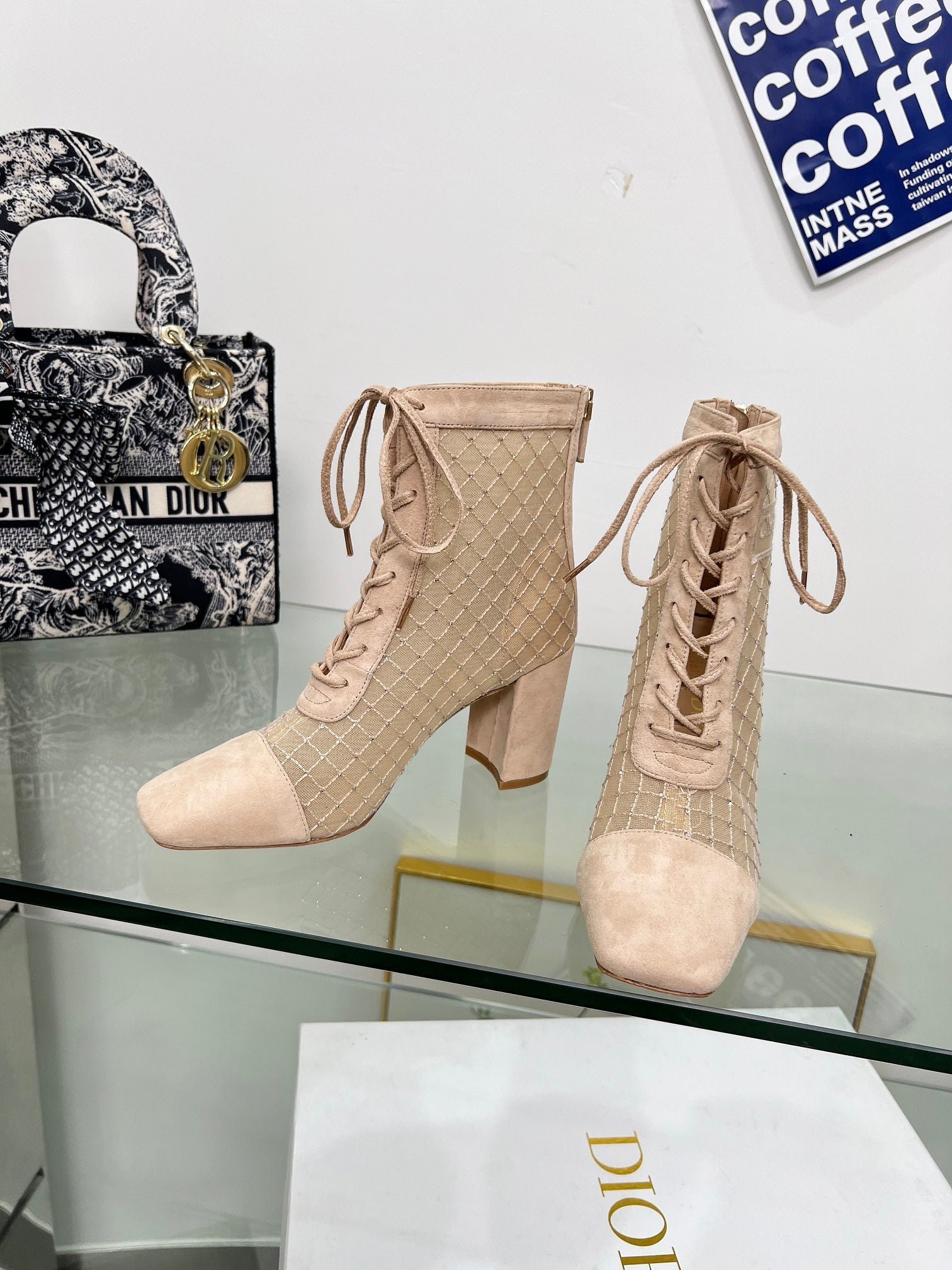 NAUGHTILY-D HEELED ANKLE BOOT IN BISQUE BEIGE EMBROIDERED MESH AND SUEDE 8 CM - Image 5