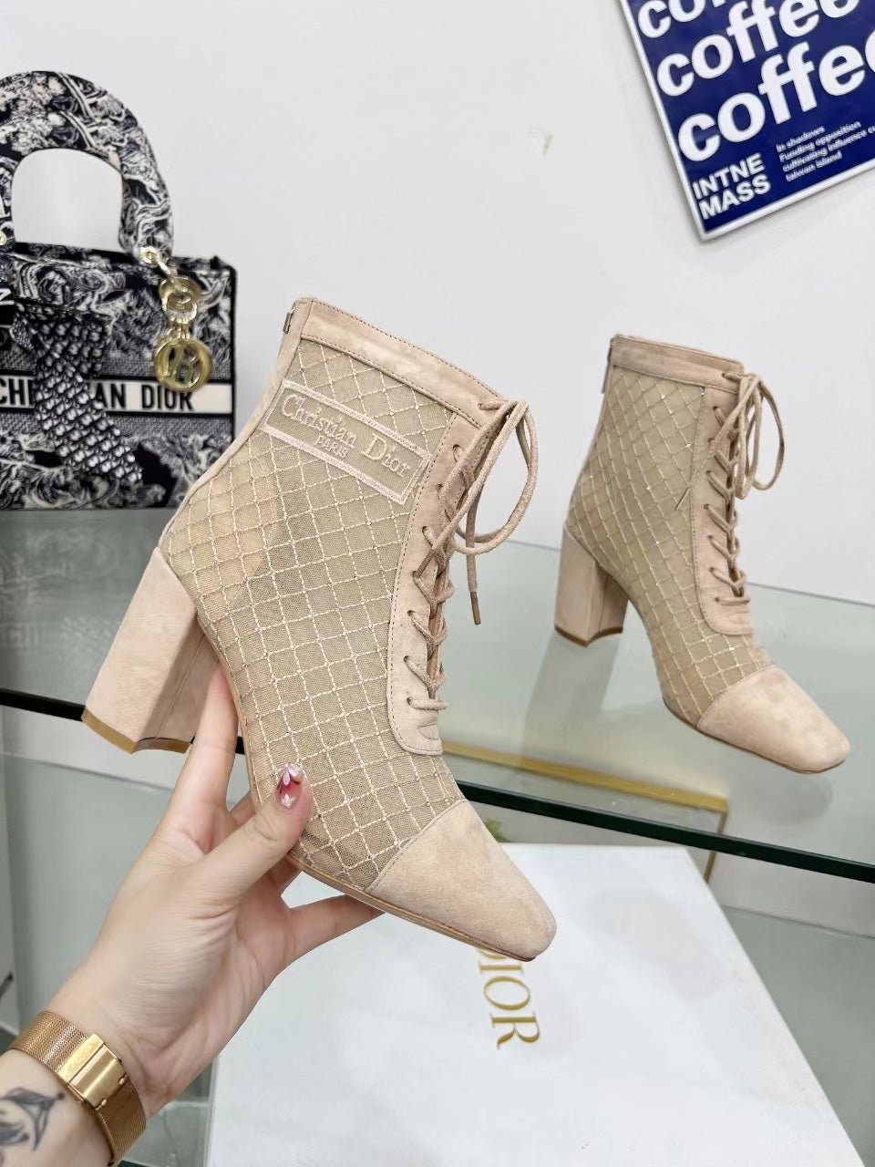 NAUGHTILY-D HEELED ANKLE BOOT IN BISQUE BEIGE EMBROIDERED MESH AND SUEDE 8 CM - Image 4
