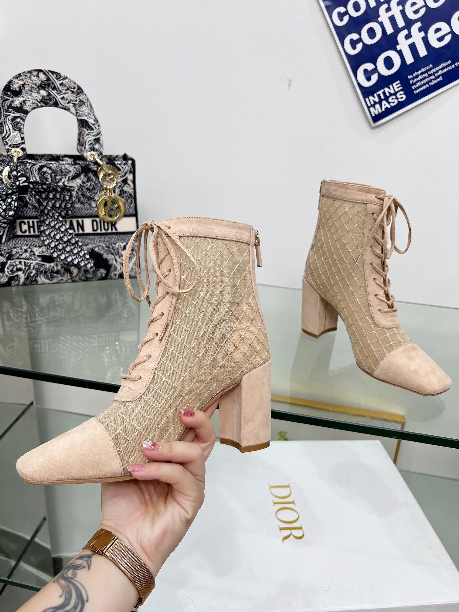 NAUGHTILY-D HEELED ANKLE BOOT IN BISQUE BEIGE EMBROIDERED MESH AND SUEDE 8 CM - Image 2
