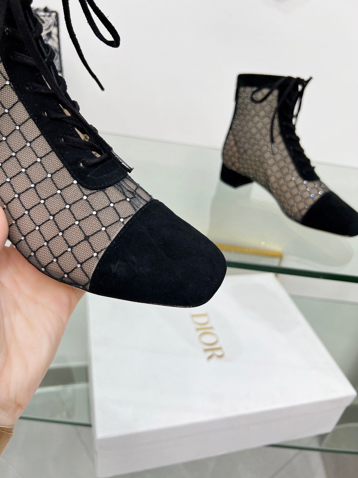 NAUGHTILY-D HEELED ANKLE BOOT IN BLACK EMBROIDERED MESH AND SUEDE 35 MM - Image 7