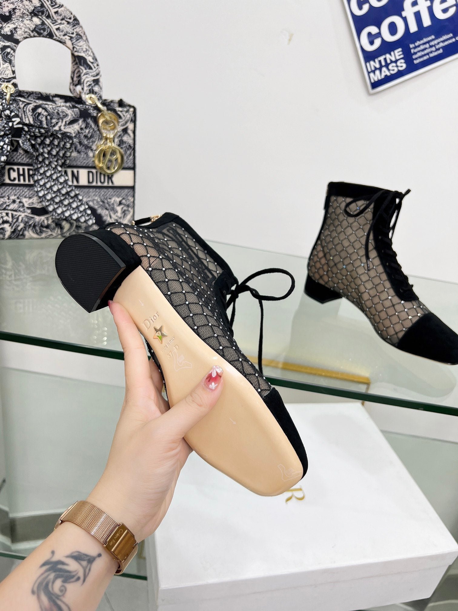 NAUGHTILY-D HEELED ANKLE BOOT IN BLACK EMBROIDERED MESH AND SUEDE 35 MM - Image 9