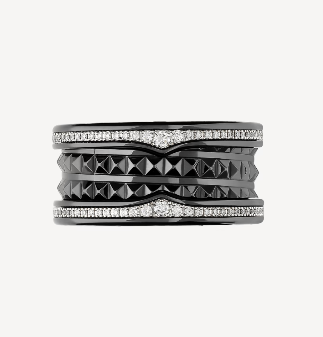 ZERO 1 ROCK FOUR-BAND BLACK CERAMIC WITH STUDDED SPIRAL AND PAVED DIAMONDS RING - Image 3