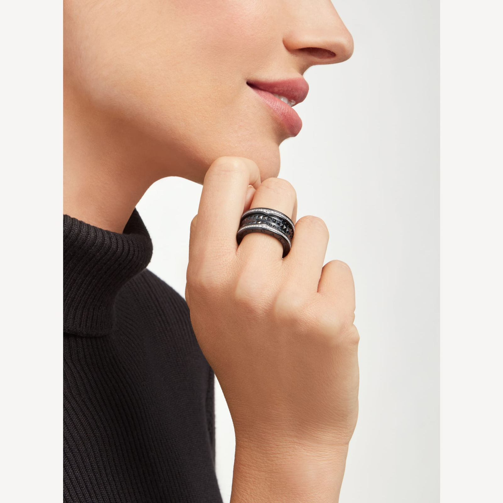 ZERO 1 ROCK FOUR-BAND BLACK CERAMIC WITH STUDDED SPIRAL AND PAVED DIAMONDS RING - Image 4