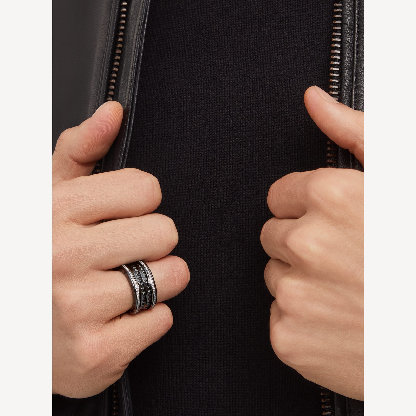 ZERO 1 ROCK FOUR-BAND BLACK CERAMIC WITH STUDDED SPIRAL AND PAVED DIAMONDS RING - Image 5